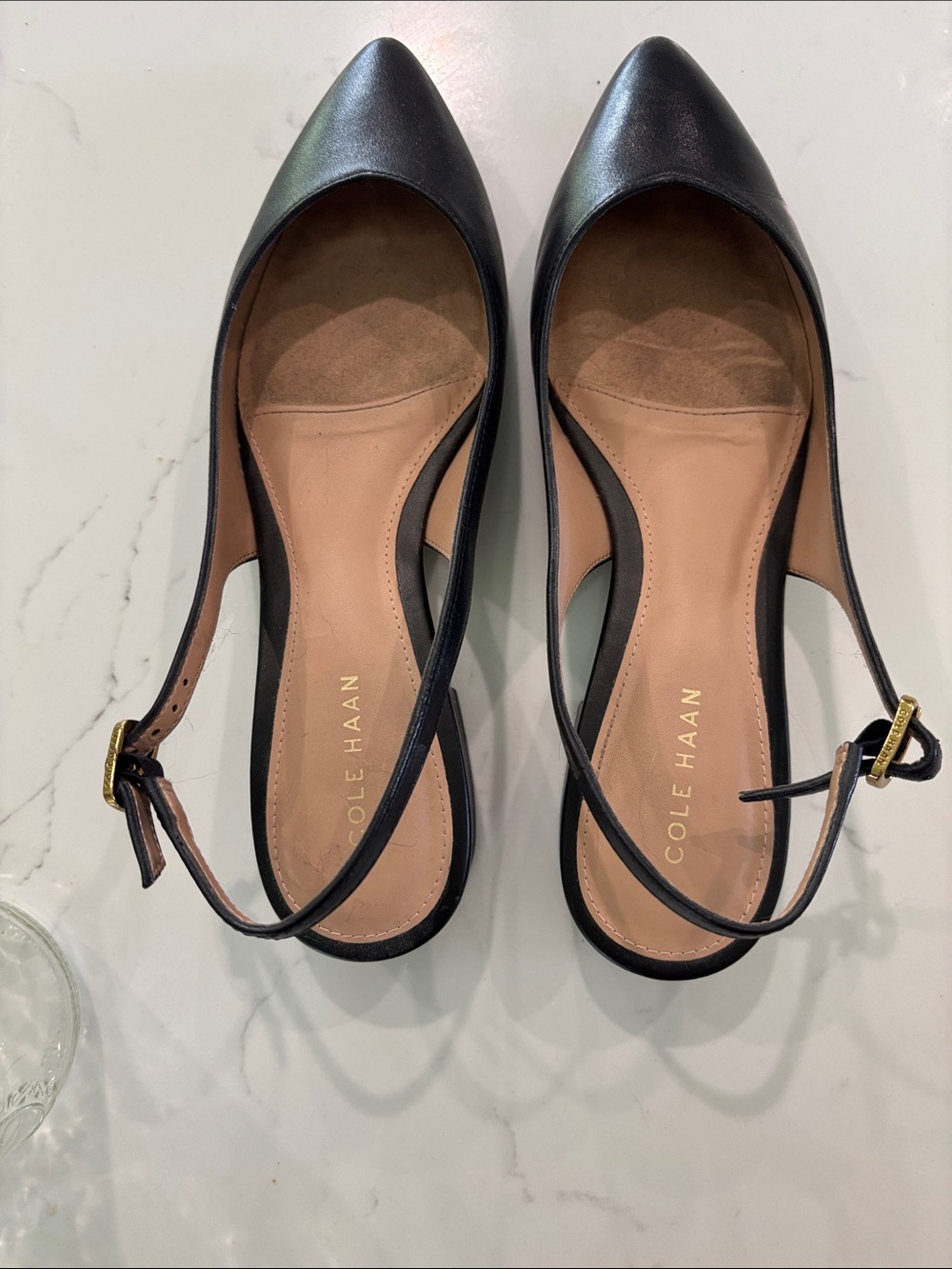 Cole Haan Black Leather Pointed Slingback Flats
